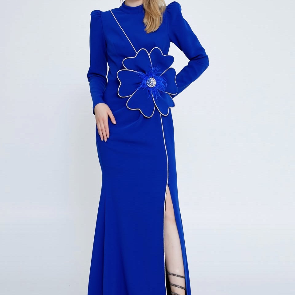 Chic Royal Blue Long Sleeve Dress With Floral Detail